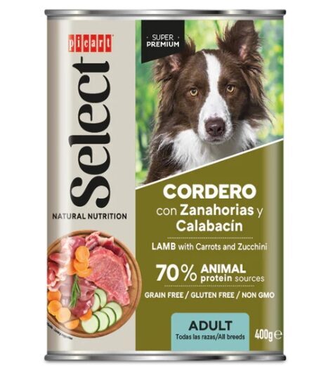 Suņu konservi pieaugušiem suņiem ar jēra gaļu, burkāniem un cukini 400g