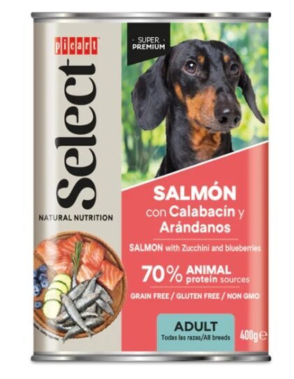 Suņu konservi pieaugušiem suņiem ar lasi, cukini un mellenēm 400g