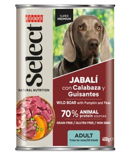 Suņu konservi pieaugušiem suņiem ar meža cūkas gaļu, ķirbjiem un zaļajiem zirnīšiem 400g