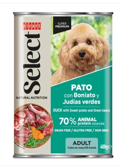 Suņu konservi pieaugušiem suņiem ar pīles gaļu, saldajiem kartupeļiem un zaļajām pupiņām 400g