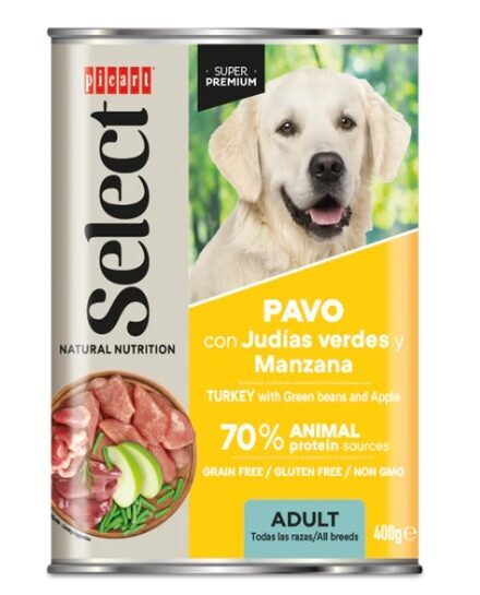 Suņu konservi pieaugušiem suņiem ar tītara gaļu, zaļajām pupiņām un āboliem 400g